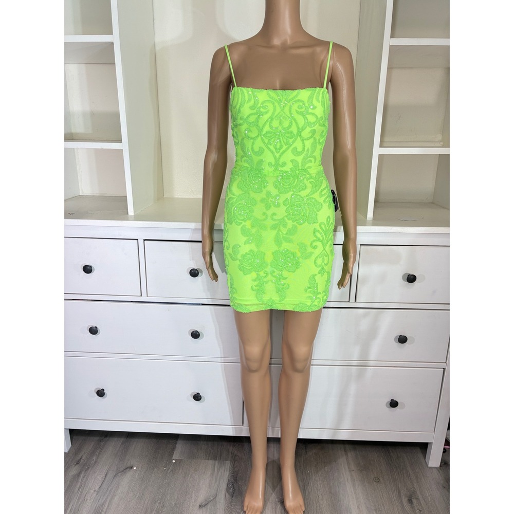 Windsor Sequin Mesh Bodycon Dress Womens XXS Lime Green Neon Open Back TRC1662WD